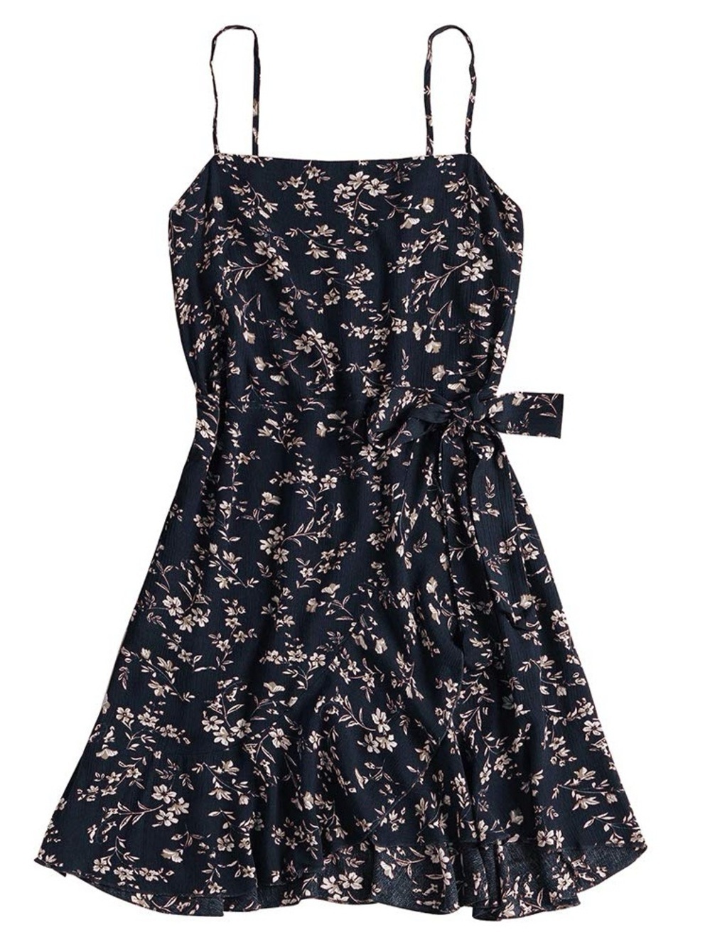 Zaful Navy Floral Spaghetti-Strap Dress with Blush Accents and Tie waist closure